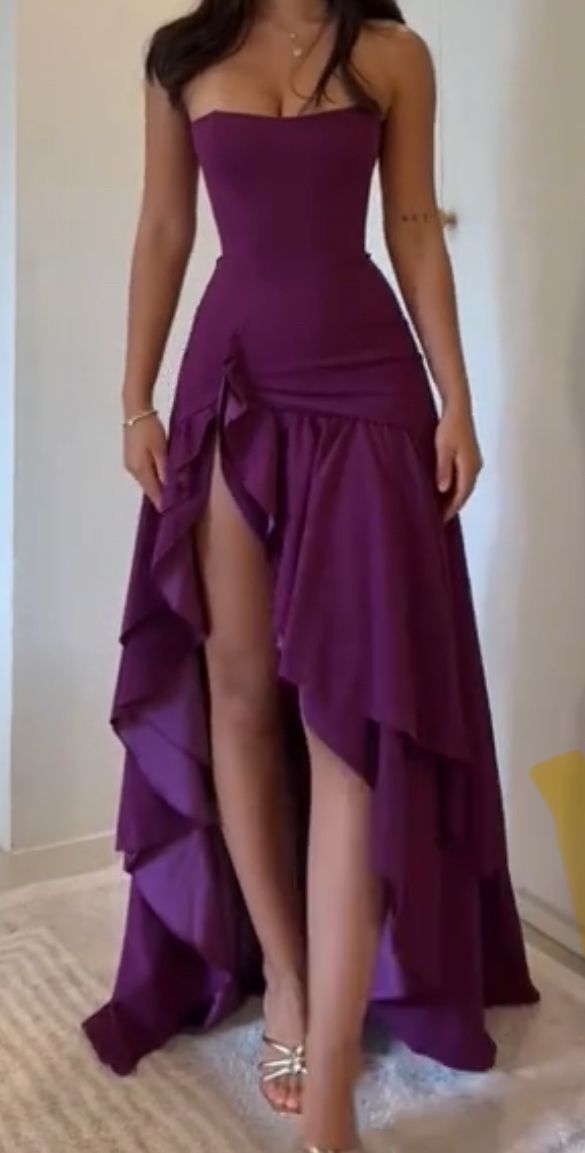 Chic A Line Strapless Satin Ruffle Hem Slit Long Prom Dress, Evening Dress C6073