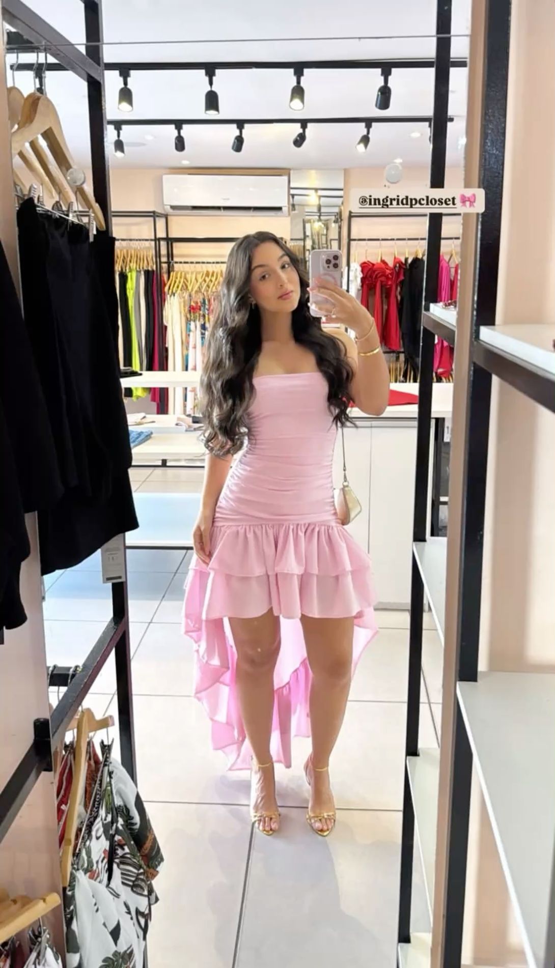 Classy Pink A Line Strapless Satin Ruffle High-Low Prom Dress, Evening Dress C6075