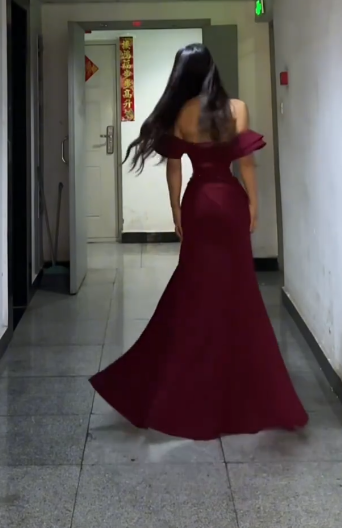 Formal Mermaid Off The Shoulder Burgundy Satin Slit Long Prom Dress, Evening Dress C6078