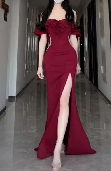 Formal Mermaid Off The Shoulder Burgundy Satin Slit Long Prom Dress, Evening Dress C6078