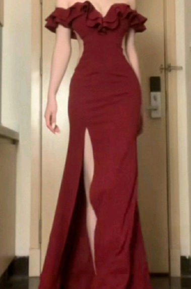 Formal Mermaid Off The Shoulder Burgundy Satin Slit Long Prom Dress, Evening Dress C6078