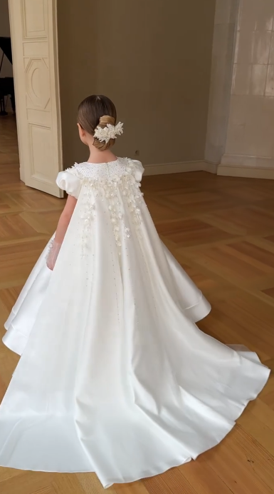 Princess A Line Satin Applique With Short Sleeves Flower Girl Dress C6082