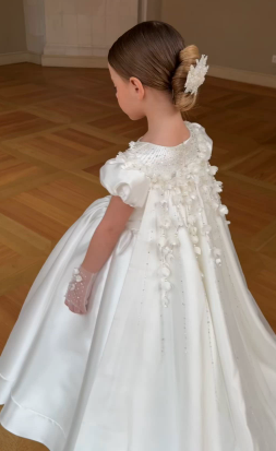 Princess A Line Satin Applique With Short Sleeves Flower Girl Dress C6082