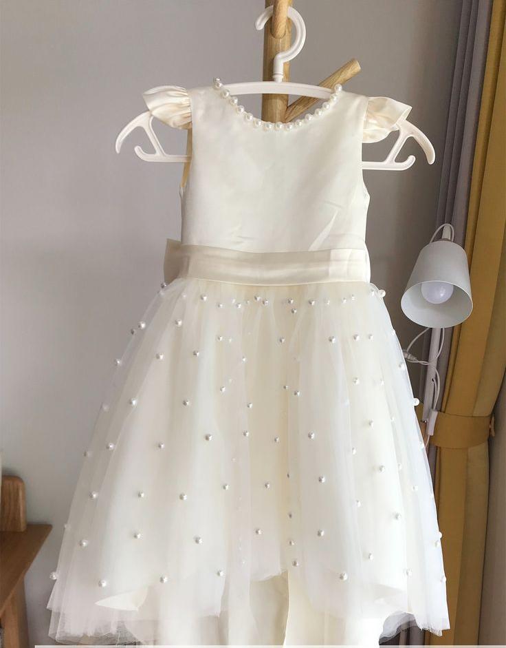 Sweet A Line Satin Tulle Pearl Bead Back With Bow Knot Flower Girl Dress C6086