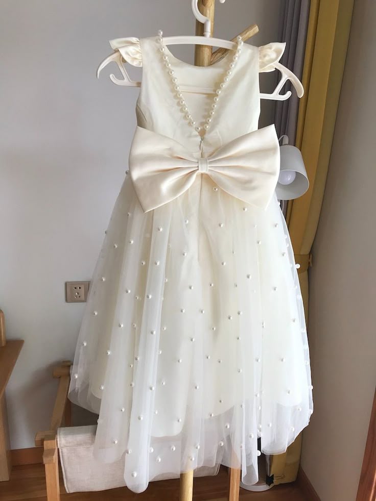 Sweet A Line Satin Tulle Pearl Bead Back With Bow Knot Flower Girl Dress C6086