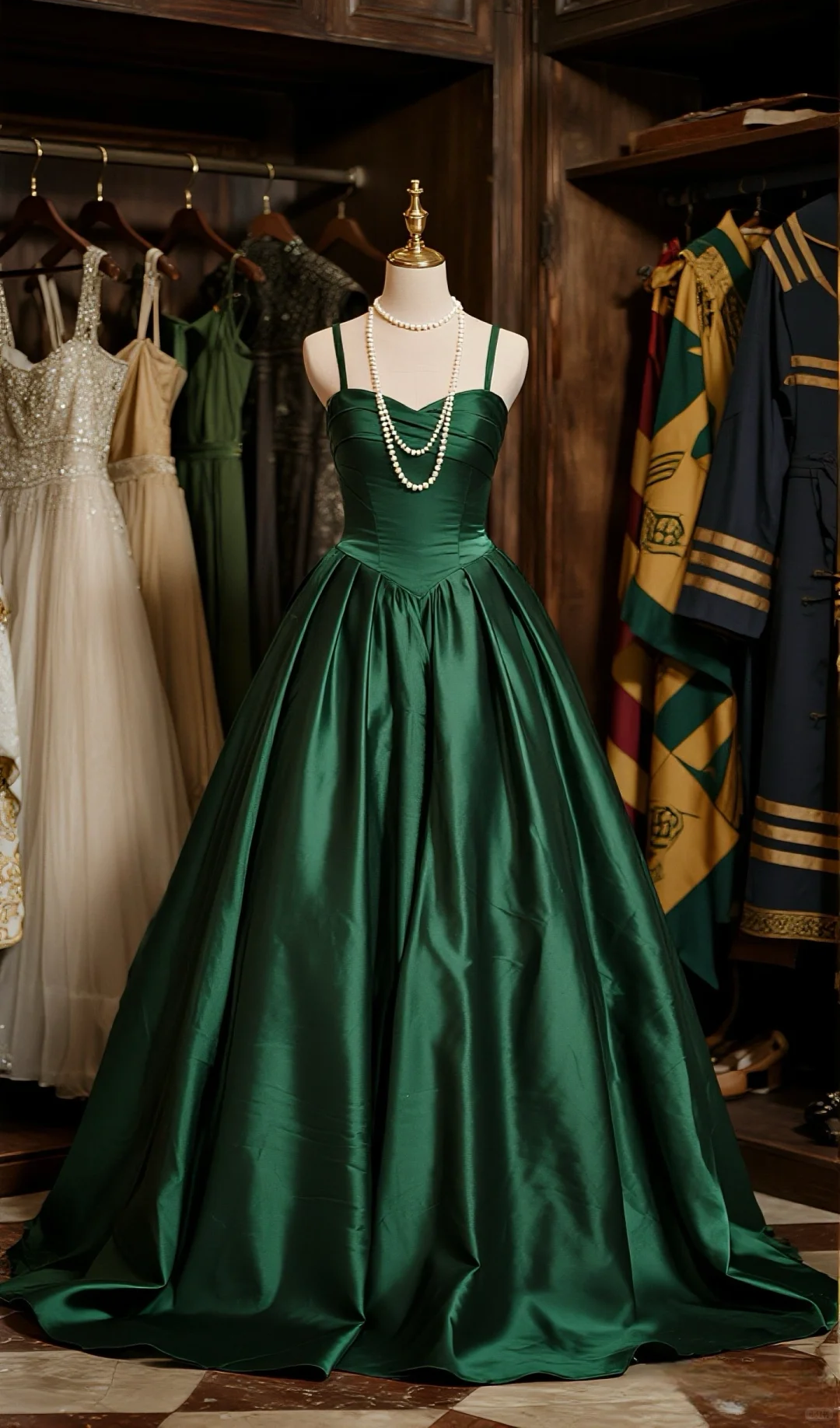 Elegant Ball Gown Dark Green Spaghetti Straps Satin Long Prom Dress, Evening Dress C6103