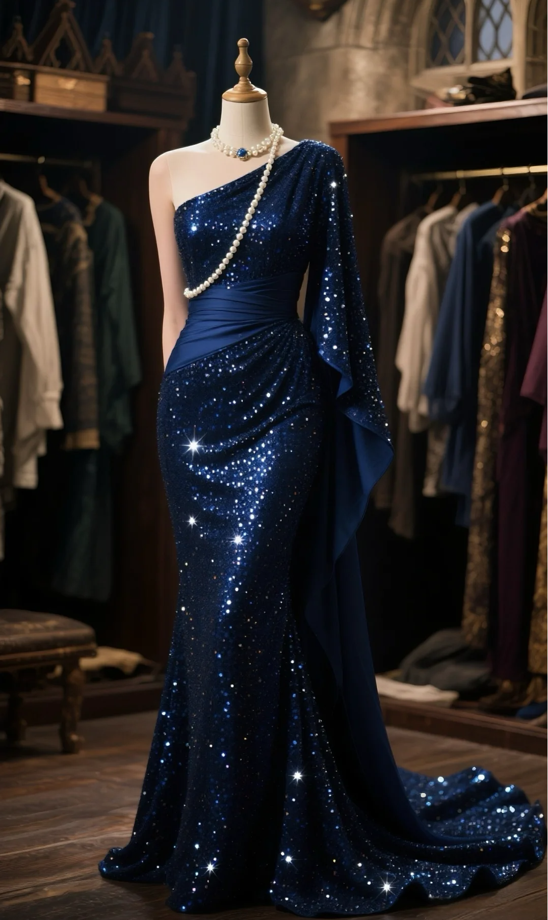 Formal Mermaid Navy Satin Sequin One Shoulder Cape Long Prom Dress, Evening Dress C6109