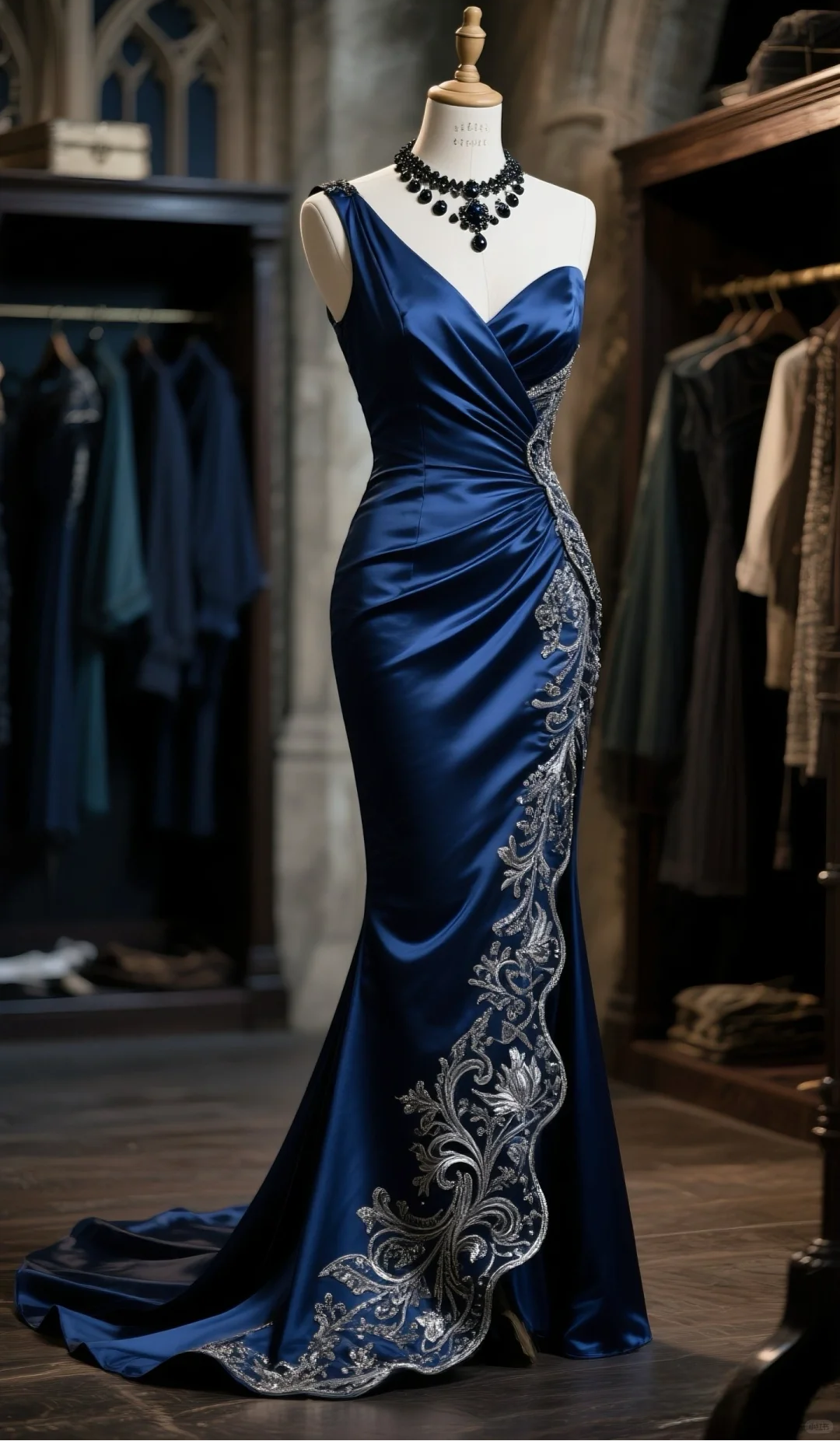 Classy Style Mermaid One Shoulder Navy Satin Ruffle Embroidered Hem Slit Long Prom Dress, Evening Dress C6110