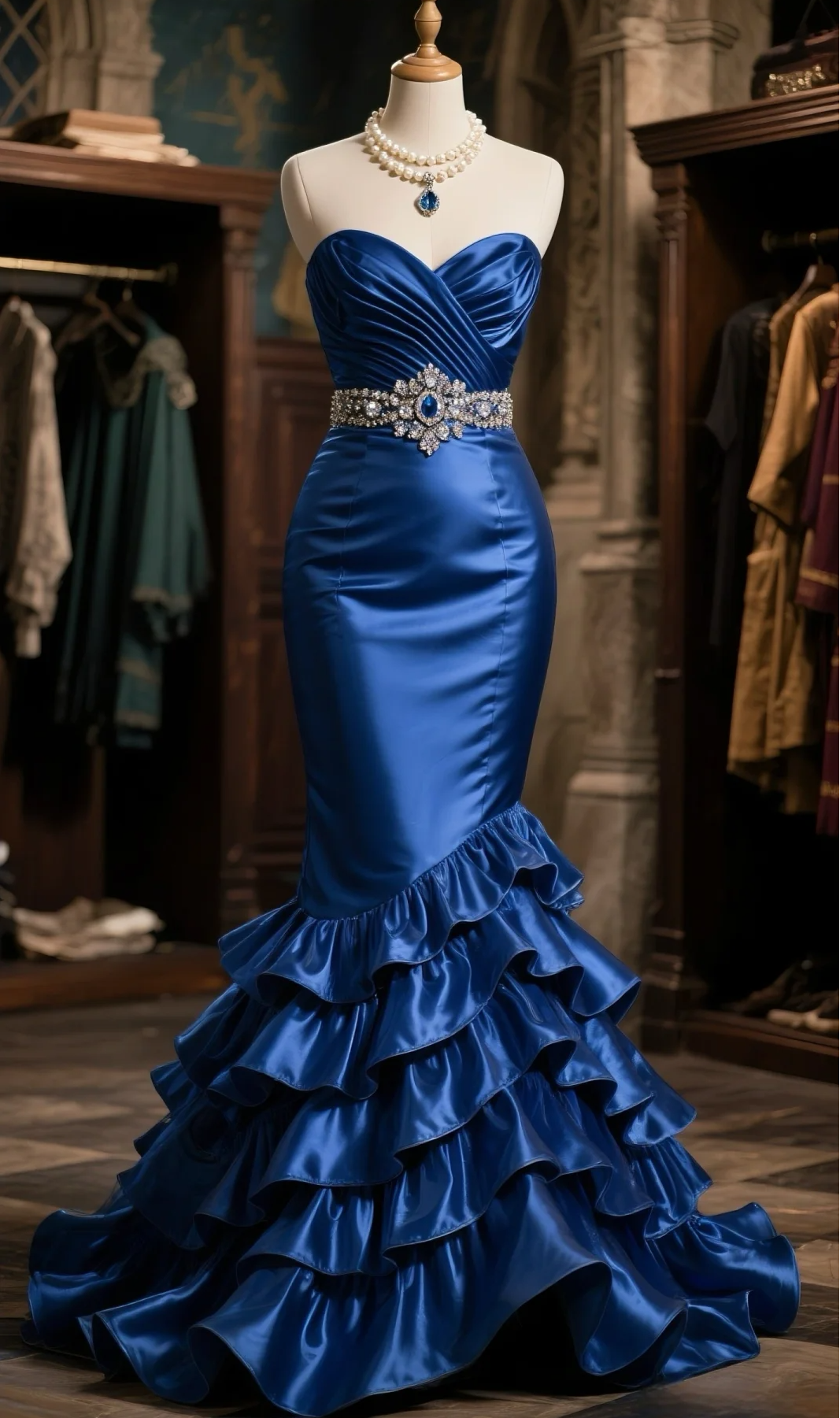 Charming Mermaid Sweetheart Satin Beaded With Tiered Ruffle Hem Long Prom Dress, Evening Dress C6112