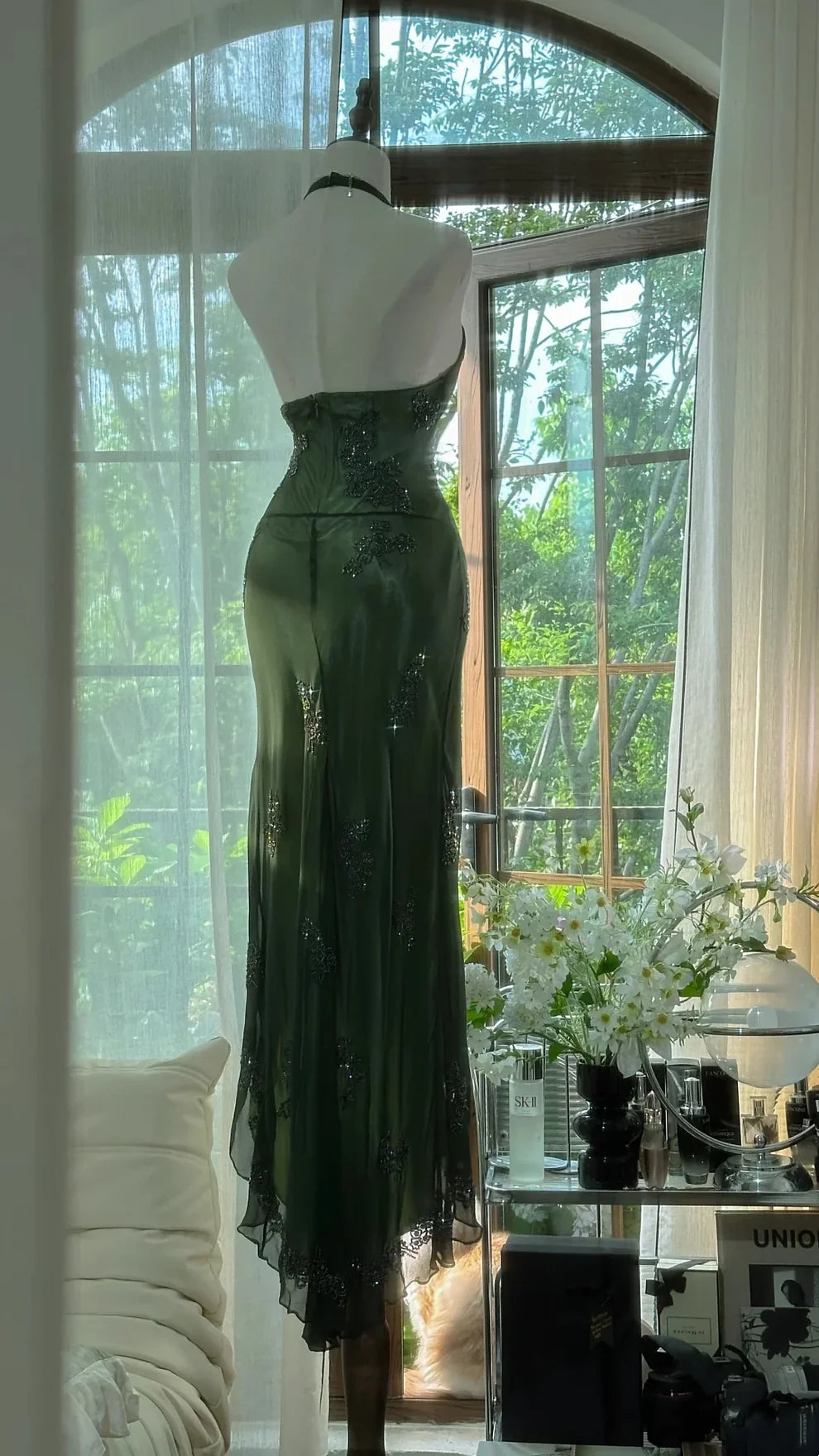 Sexy Mermaid Halter Dark Green Chiffon Sequin Long Prom Dress, Evening Dress C6115