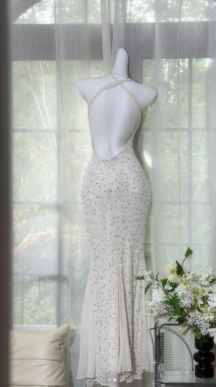 Modest Mermaid Halter Chiffon Sequin Backless Long Prom Dress, Evening Dress C6116