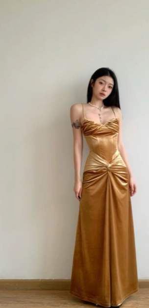 Golden Mermaid Spaghetti Straps Pleated Satin Long Prom Dress, Evening Dress C6119