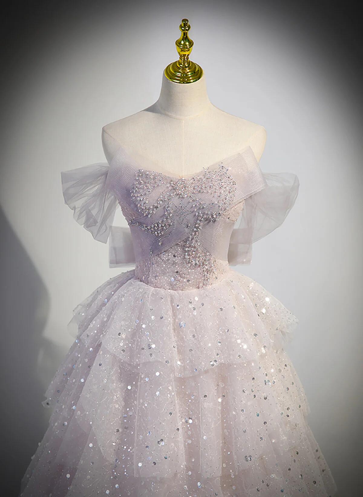 Pink Sweetheart Tulle Ball Gown Beaded Shiny Prom Dress Pink Sweet 16 Dress C612