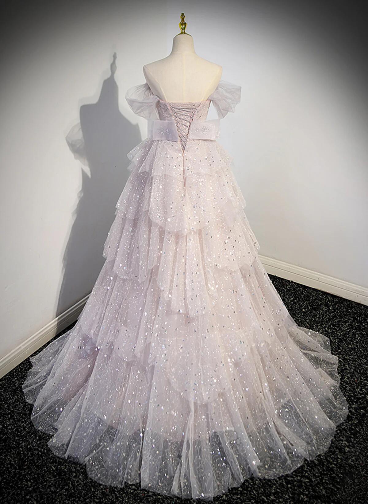 Pink Sweetheart Tulle Ball Gown Beaded Shiny Prom Dress Pink Sweet 16 Dress C612