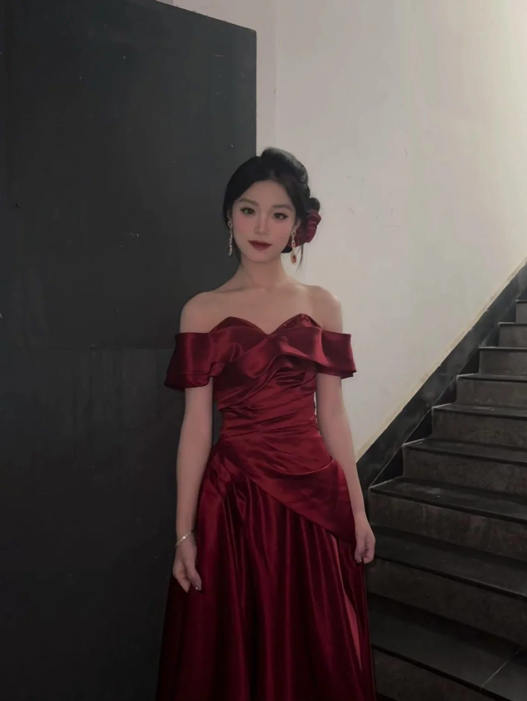 Elegant A Line Off The Shoulder Burgundy Satin Long Prom Dress, Evening Dress C6133