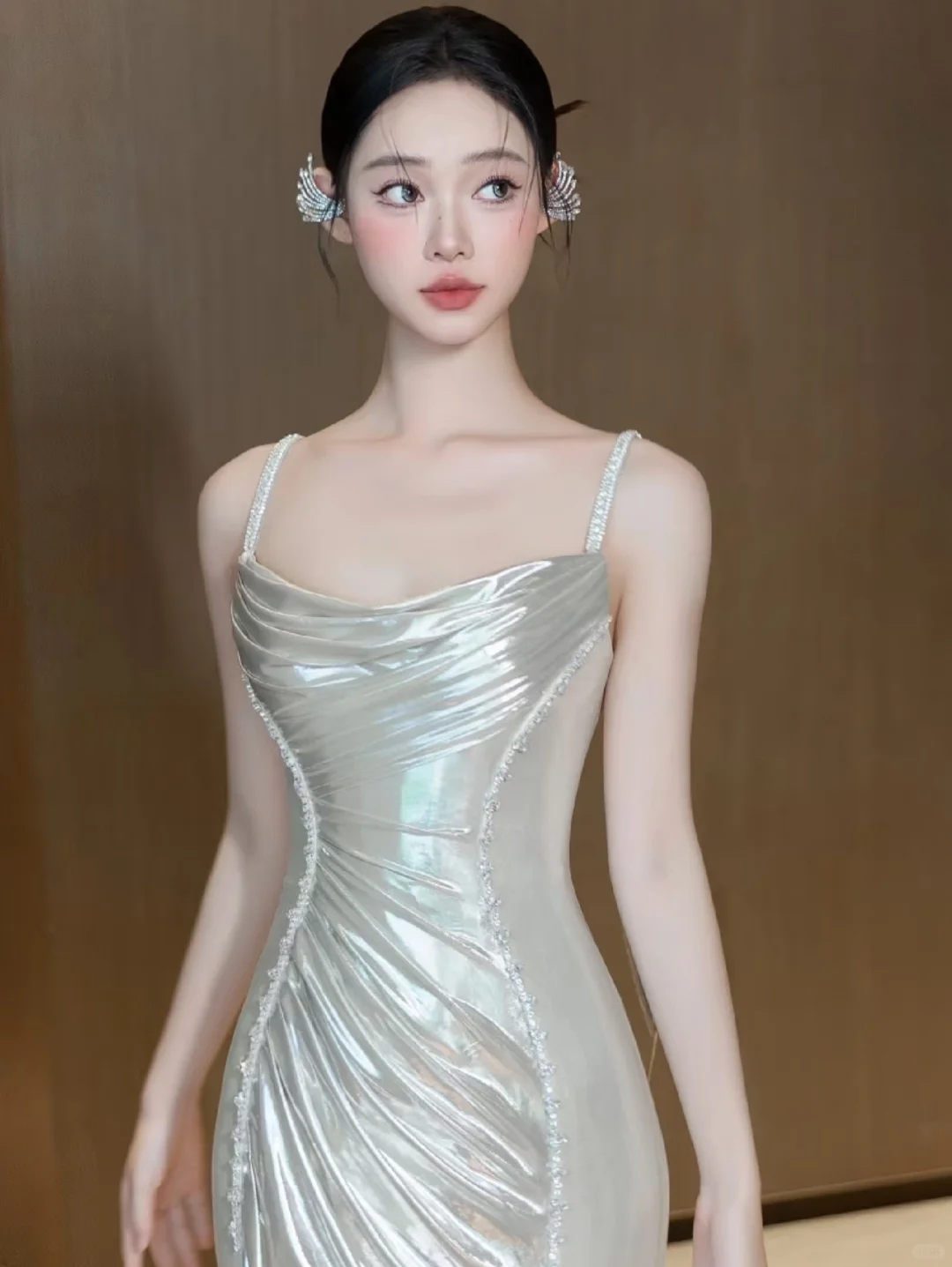 Delicate Mermaid Spaghetti Straps Satin Long Prom Dress, Evening Dress C6135