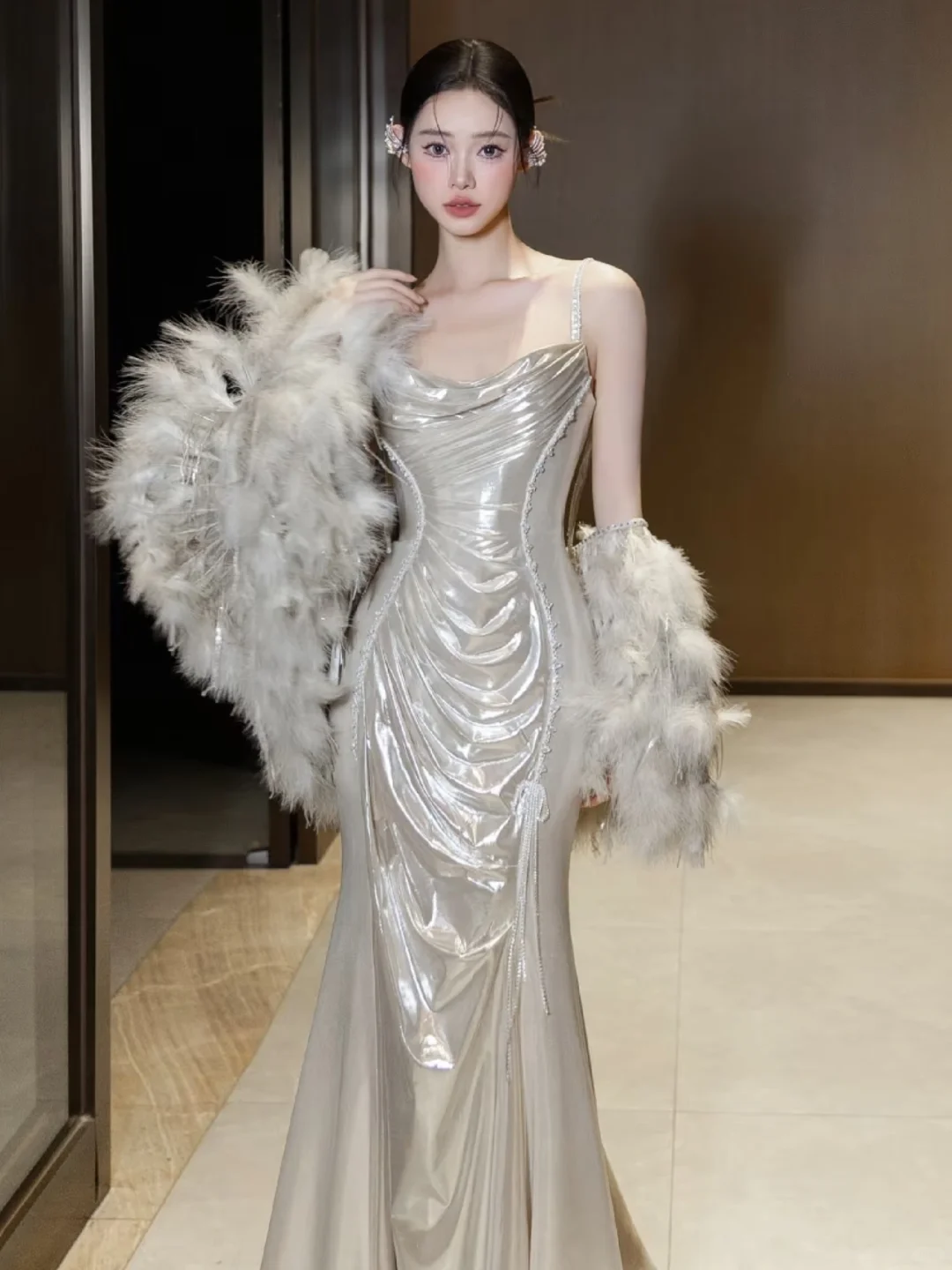 Delicate Mermaid Spaghetti Straps Satin Long Prom Dress, Evening Dress C6135