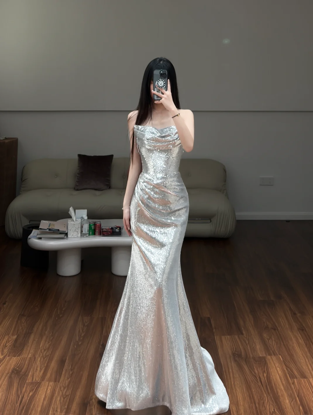 Shiny Silver Mermaid Strapless Satin Sequin Long Prom Dress, Evening Dress C6140