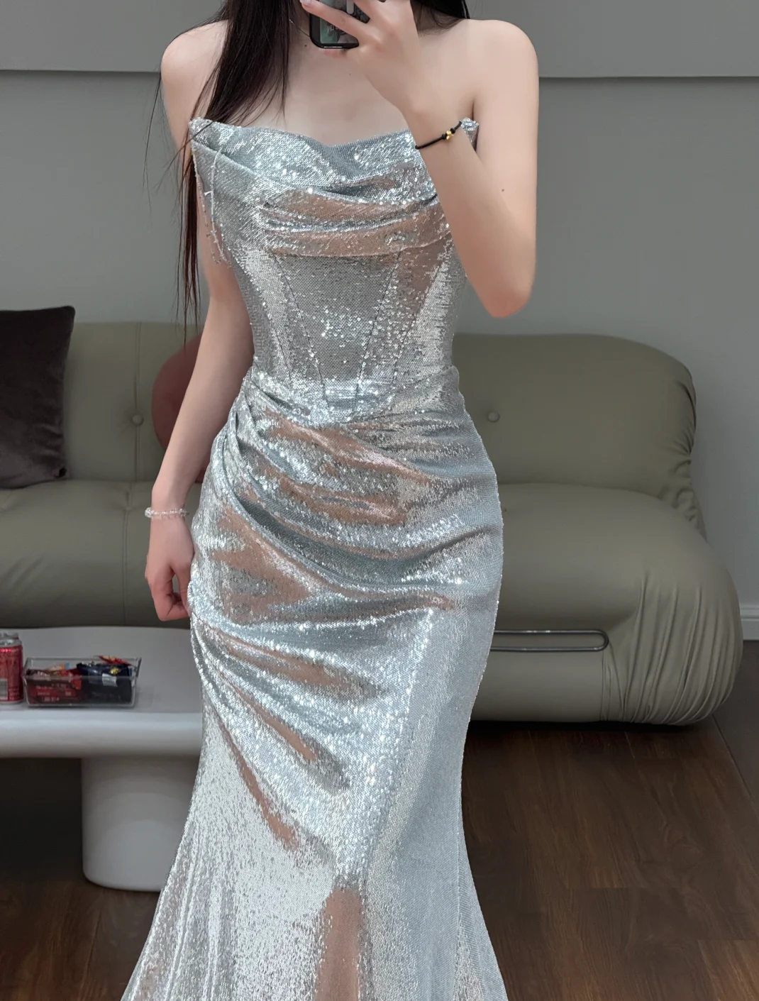 Shiny Silver Mermaid Strapless Satin Sequin Long Prom Dress, Evening Dress C6140
