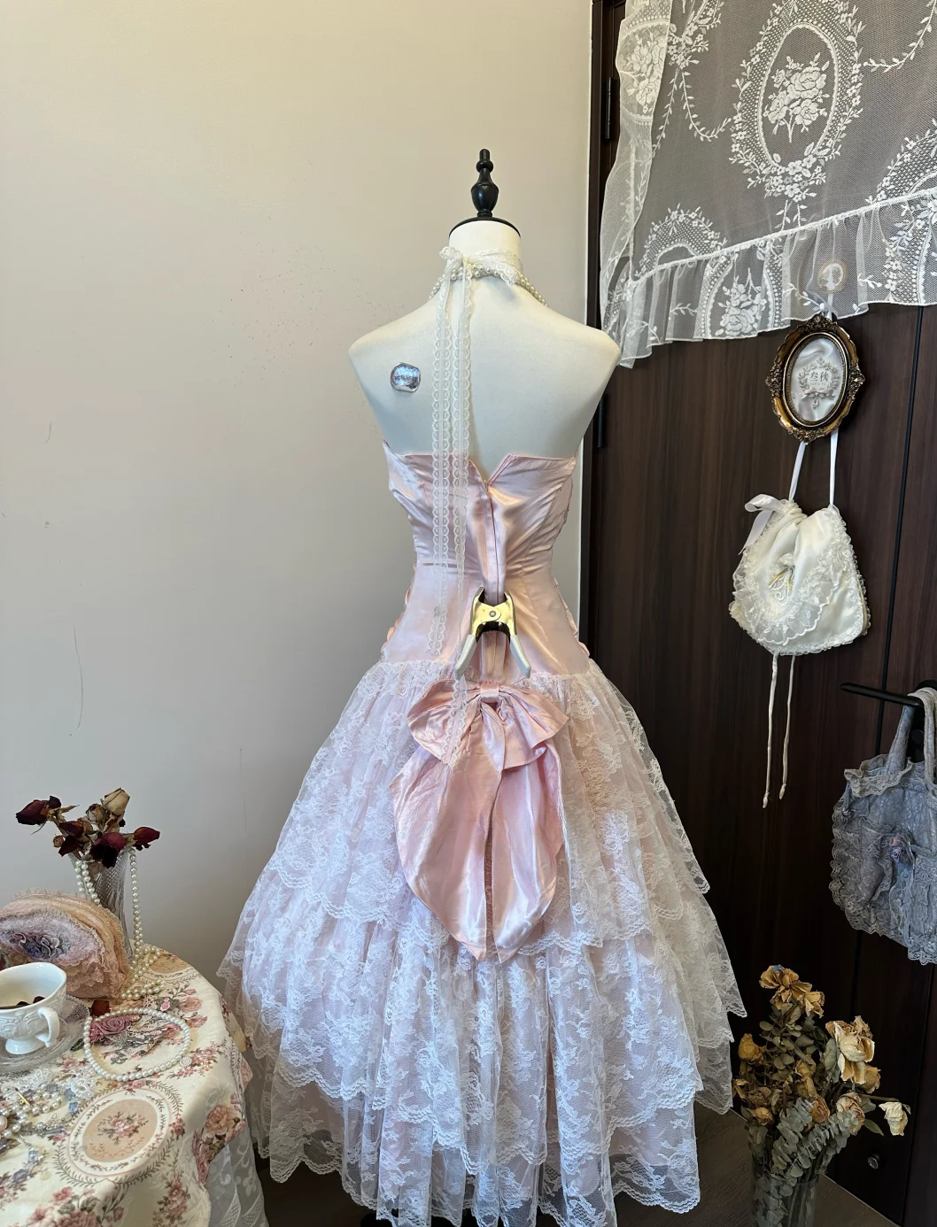 Sweet Ball Gown Strapless Light Pink Satin Lace Long Prom Dress, Evening Dress C6142