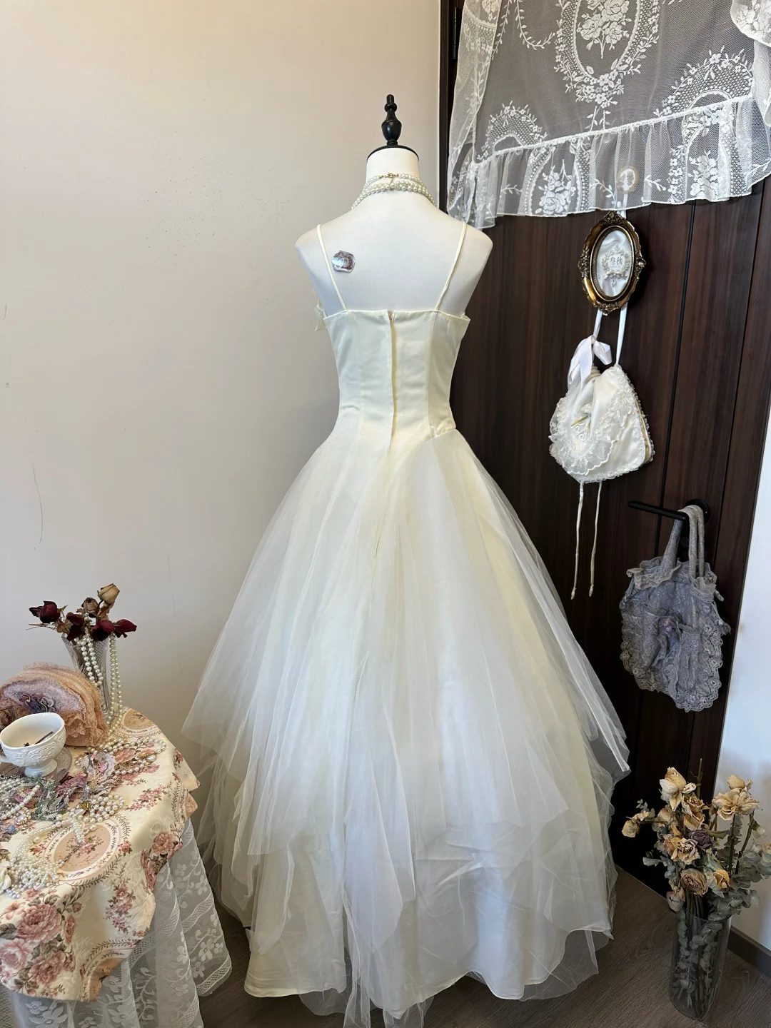 Princess A Line Spaghetti Straps Satin Tulle Lace Long Prom Dress, Evening Dress C6145