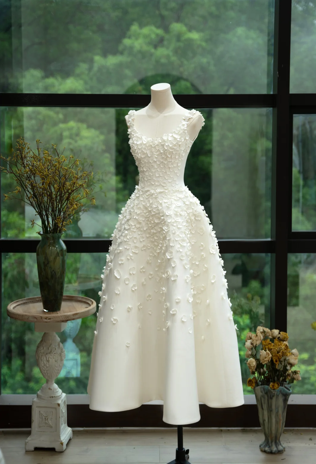 Sweet A Line U Neck White Satin Applique Long Prom Dress, Evening Dress C6153