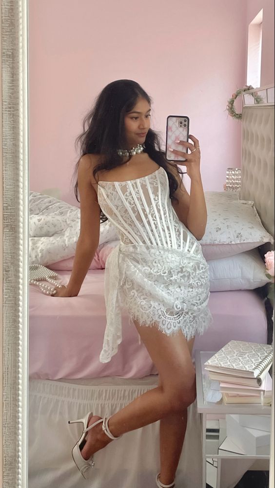 Robe fourreau courte sans bretelles en dentelle, Vintage, robe de soirée pour 18e anniversaire, C616