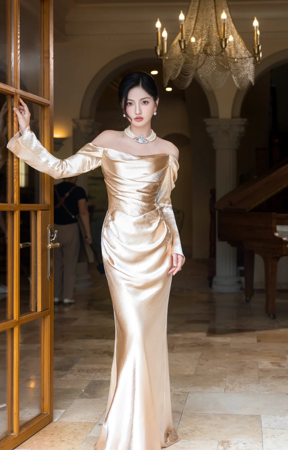 Graceful Mermaid Off The Shoulder Satin With Long Sleeves Long Prom Dress, Evening Dress C6172