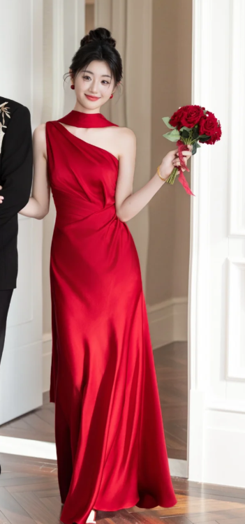 Chic Mermaid One Shoulder Burgundy Satin Long Prom Dress, Evening Dress C6178