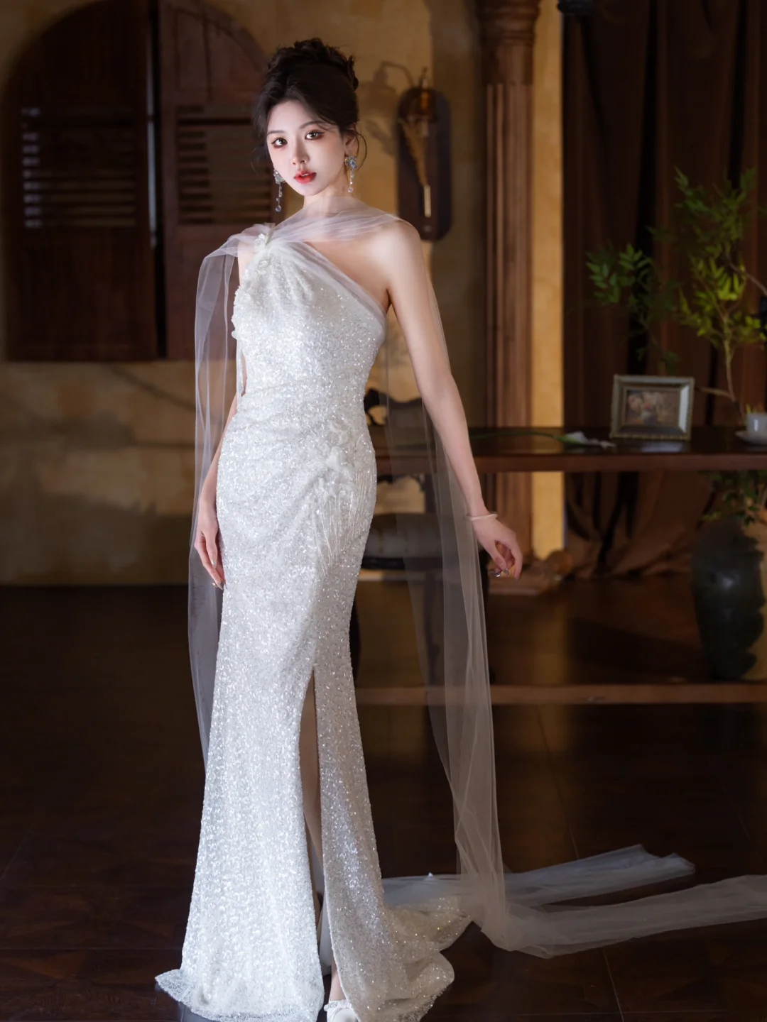 Shiny Mermaid One Shoulder Tulle Sequin Slit Long Prom Dress, Evening Dress C6180