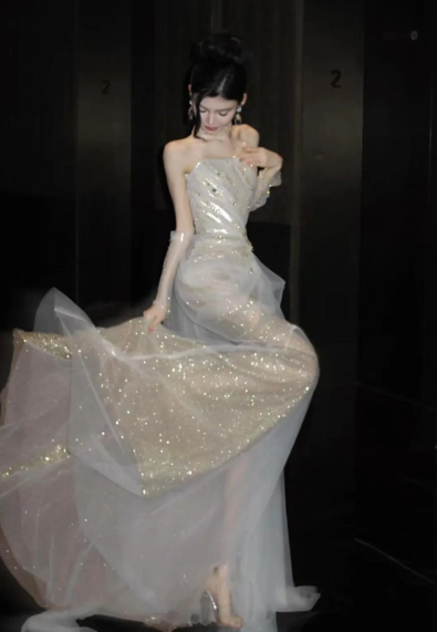 Shiny Pretty Mermaid Strapless Tulle Sequin Long Prom Dress, Evening Dress C6191