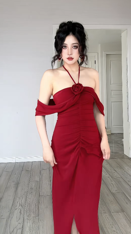 Modest Mermaid Halter Burgundy Satin Slit Long Prom Dress, Evening Dress C6198