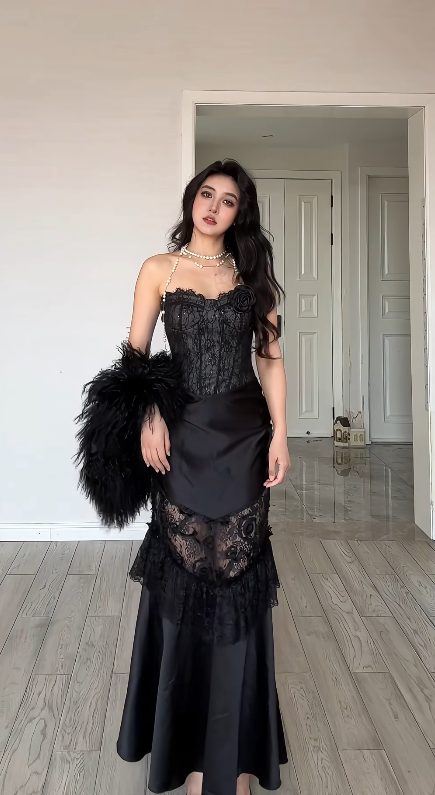 Sexy Sheath Black Mermaid Strapless Satin Lace Long Prom Dress, Evening Dress C6200