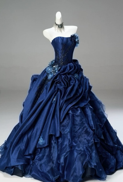 Vintage Ball Gown Strapless Navy Blue Satin Long Prom Dress, Evening Dress C6208