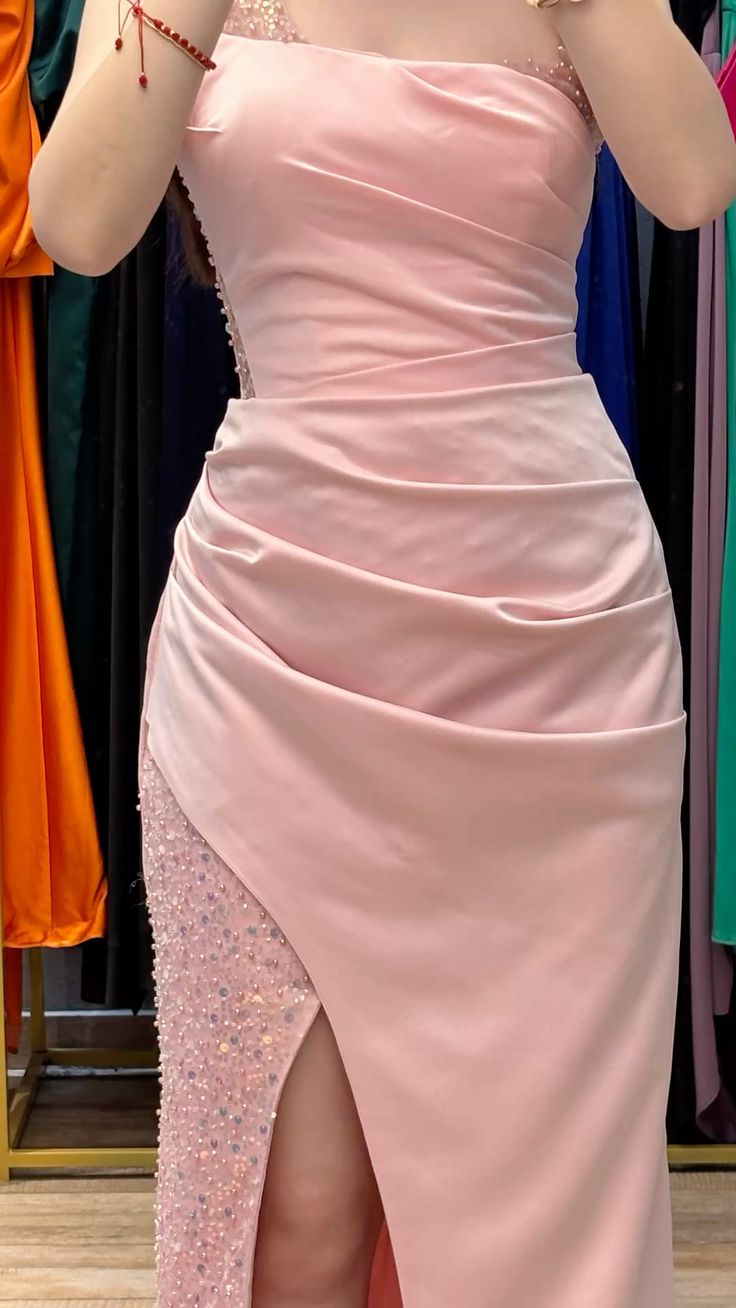 Pretty Chic Mermaid Pink Spaghetti Straps Satin Sequin Slit Without Sleeves Long Prom Dress, Evening Dress C6292