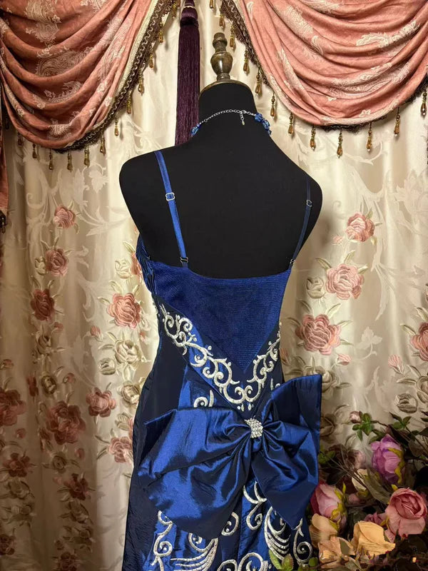 Elegant Mermaid Navy Spaghetti Straps Satin Without Sleeves Long Prom Dress, Evening Dress C6303