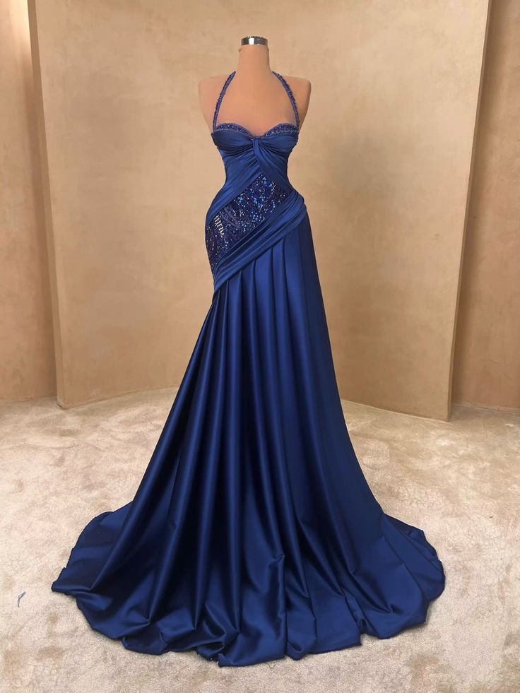Chic Mermaid Halter Satin Sequin Beaded Without Sleeves Long Prom Dress, Evening Dress C6341