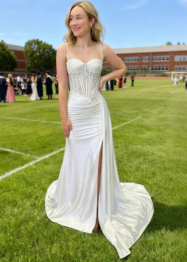 Elegant White Mermaid Spaghetti Straps Satin Lace Slit Without Sleeves Long Prom Dress, Evening Dress C6342