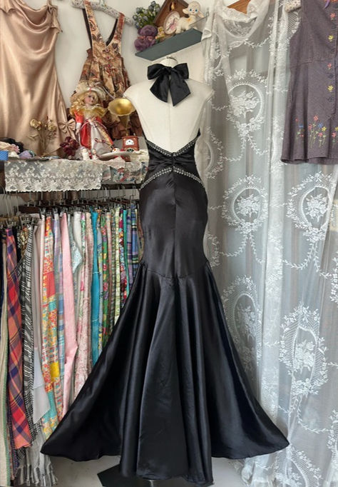 Retro Black Halter Mermaid Satin Beaded Backless Without Sleeves Long Prom Dress, Evening Dress C6343