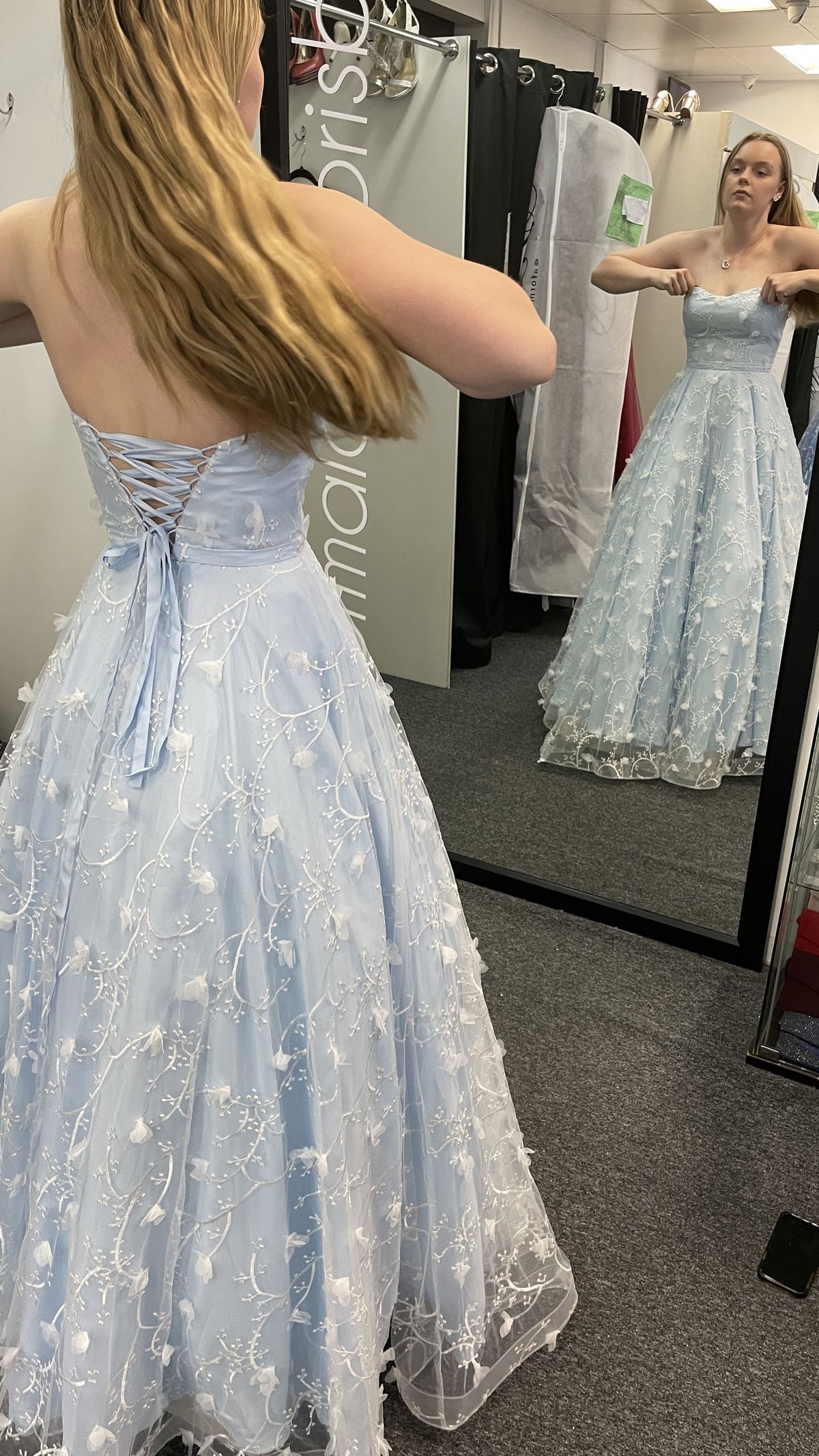 Sweet Pale Blue A Line Strapless Satin Tulle Applique Without Sleeves Long Prom Dress, Evening Dress C6350