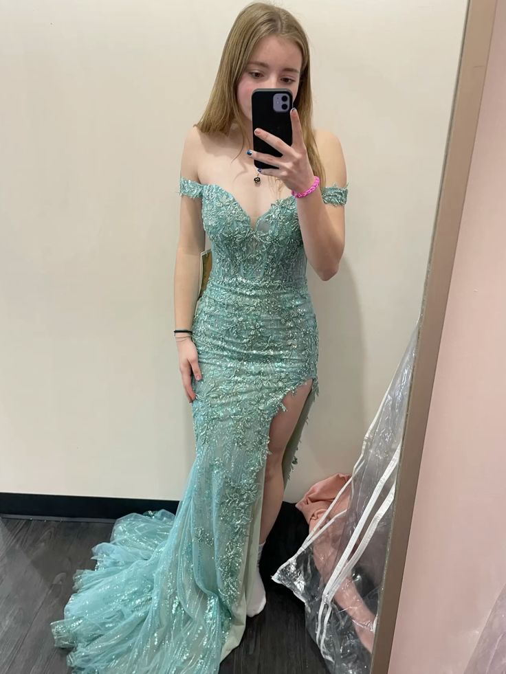 Pretty Mermaid Mint Green Off The Shoulder Tulle Sequin Slit Without Sleeves Long Prom Dress, Evening Dress C6374