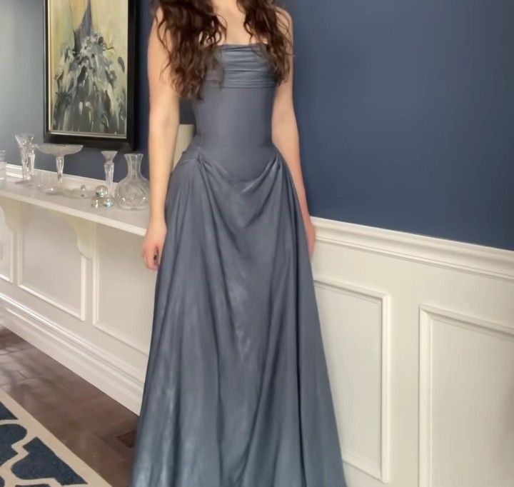Formal A Line Gray Strapless Satin Without Sleeves Long Prom Dress, Evening Dress C6376