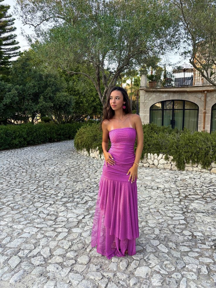 Robe de bal longue sirène chic sans bretelles en mousseline à pois, robe de soirée C6409