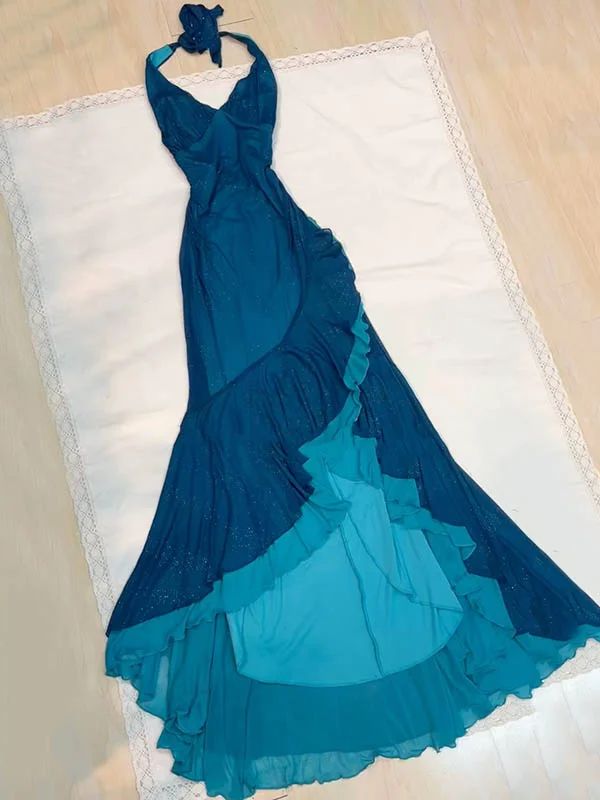 Robe de bal longue sirène chic en mousseline sans manches, col halter, robe de soirée C6435