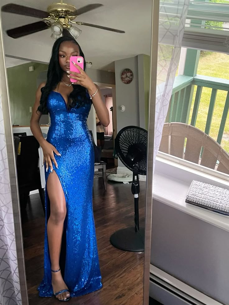 Robe de bal longue sirène sexy à col en V, sequins bleu roi, fente, sans manches, robe de soirée C6437