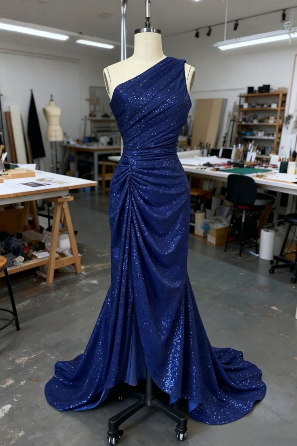 Robe de bal longue sirène classique asymétrique en satin plissé à sequins, sans manches, référence C6444