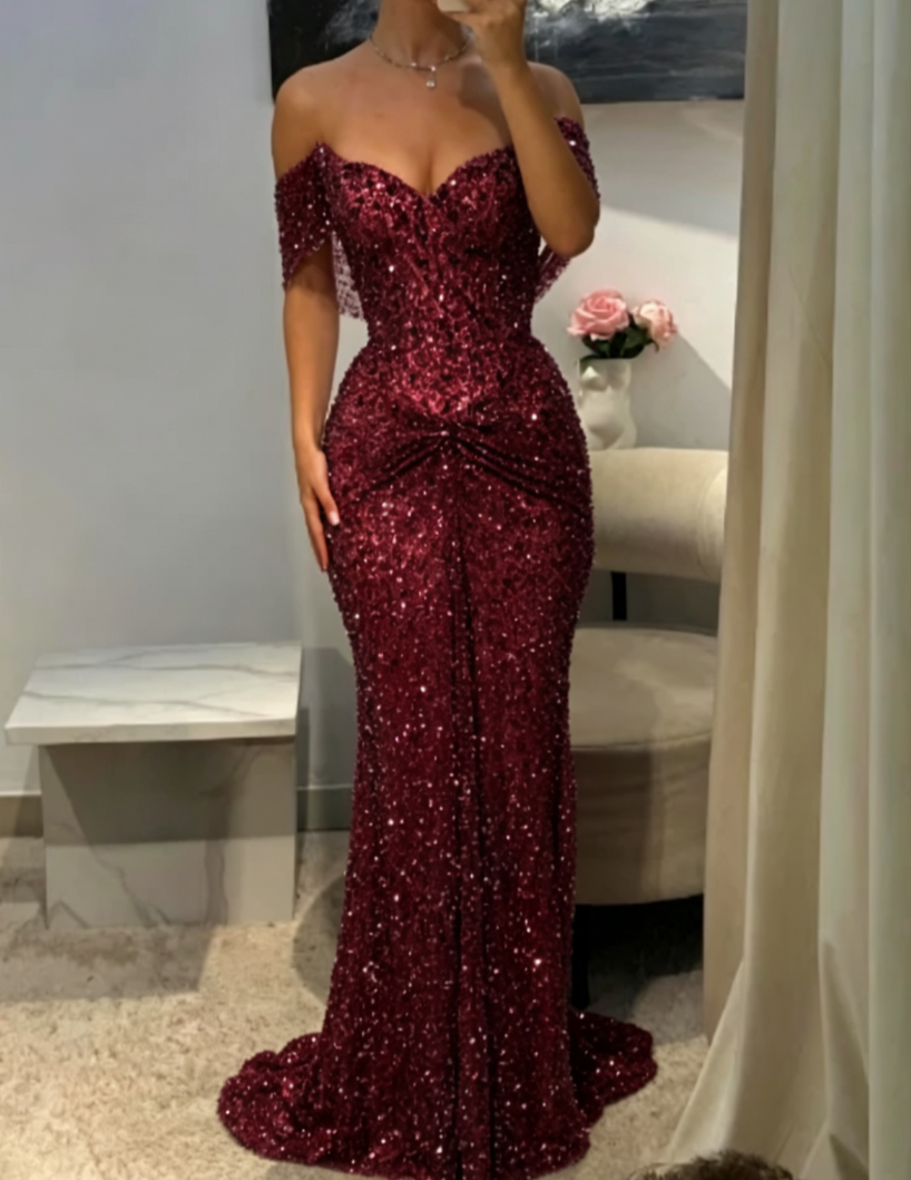 Robe de bal longue sirène lilas brillant à sequins épaules dénudées et sans manches, robe de soirée C6448