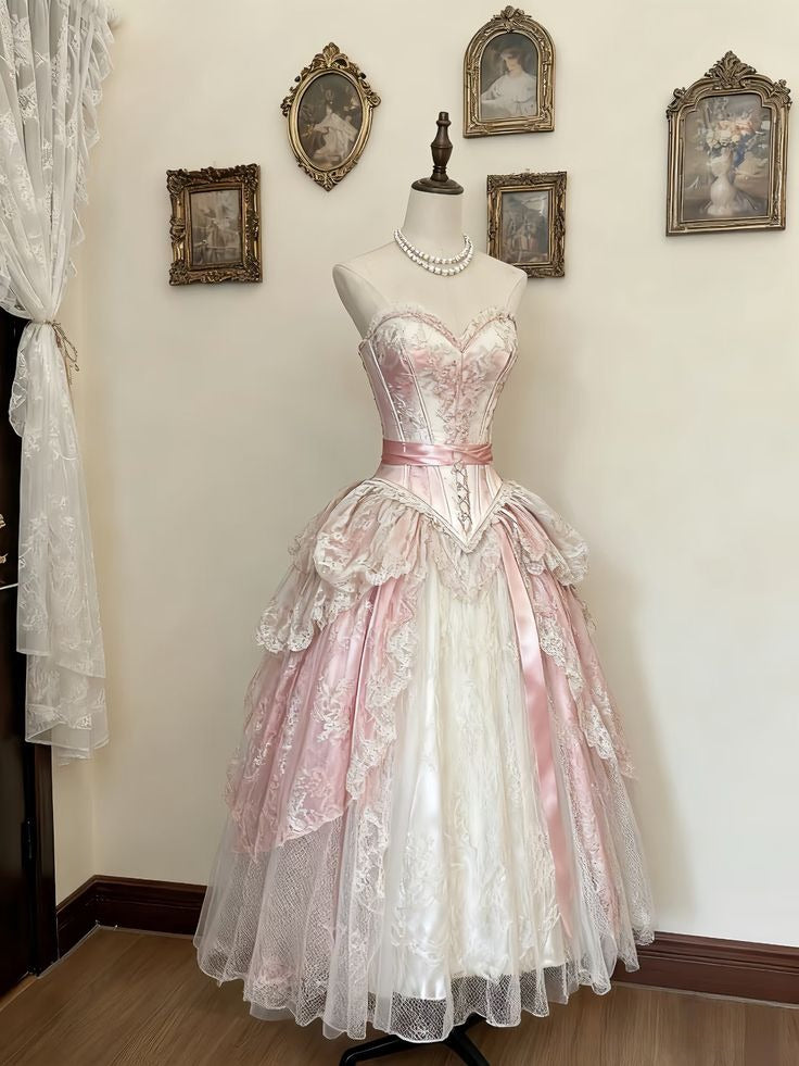 Robe de bal vintage en satin et dentelle, décolleté cœur, sans manches, longue, robe de soirée C6459