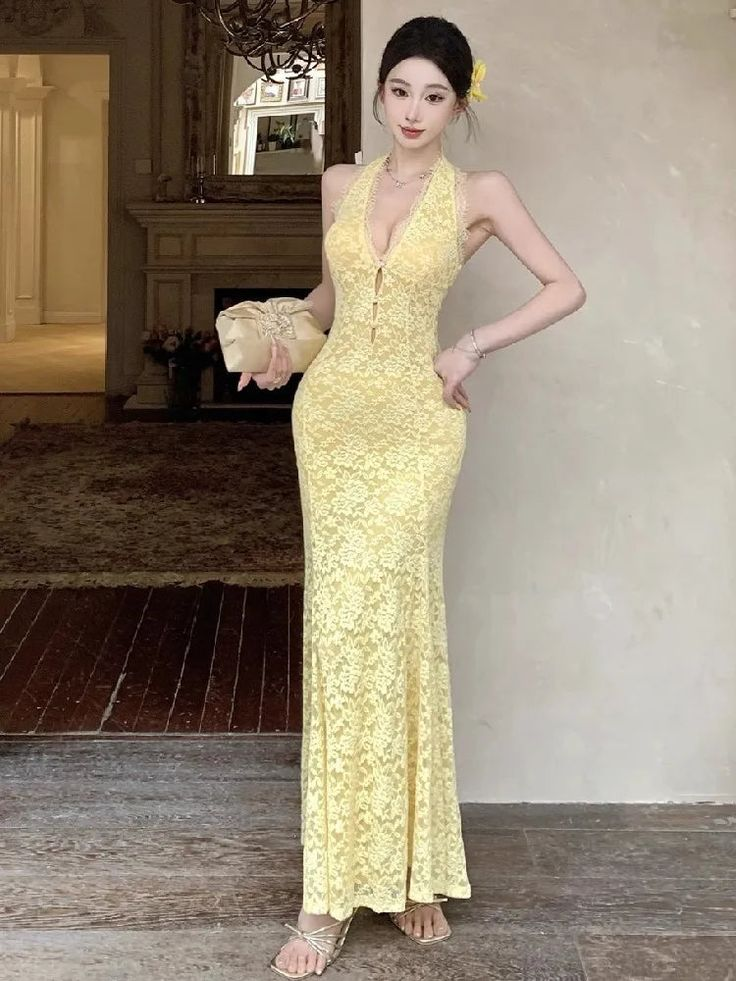 Robe de bal longue sirène jaune pastel sexy, dos nu, en dentelle, sans manches, référence C6476