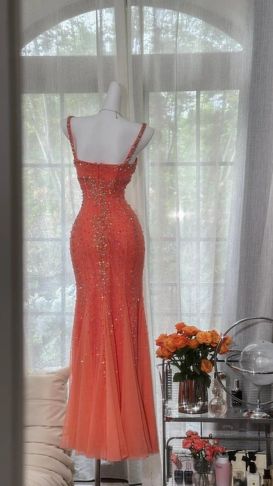 Gorgeous Mermaid Spaghetti Straps Watermelon Tulle Sequin Without Sleeves Long Prom Dress, Evening Dress C6481